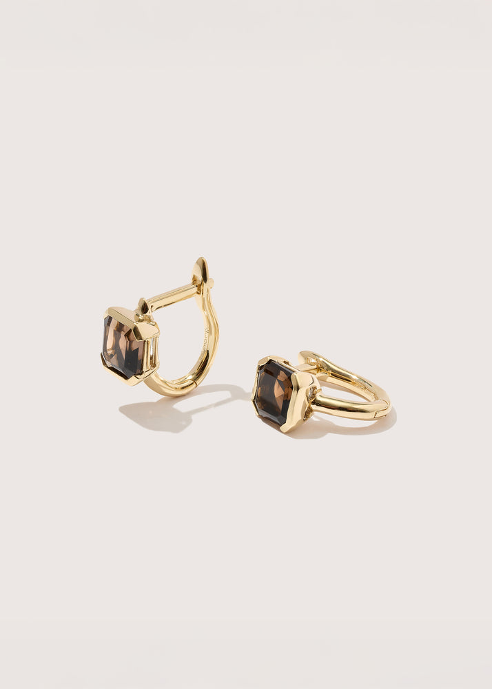Smokey Quartz Domino Huggie Hoops