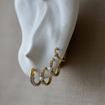 Solid Gold Pearl and White Sapphire Huggie Hoops