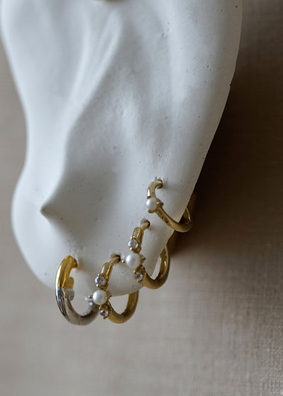 Solid Gold Pearl and White Sapphire Huggie Hoops